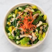 Sweet Thai Chicken · lively greens, chicken, pickled carrots, chopped cilantro, diced cucumbers, sliced almonds a...