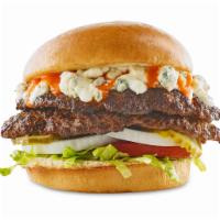 Buffalo Bleu Burger · double patty / hand-smashed / bleu cheese crumbles / medium buffalo sauce / shredded iceberg...
