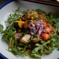 Bbg-  Green Salad · Roasted sweet potato, organic baby kale, roasted crimini, quinoa, lemongrass tofu, Ba Bar Gr...