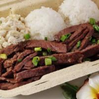 Teriyaki Beef Plate Lunch · Thin sliced, grilled beef marinated in our sweet teriyaki sauce with garlic, ginger, and honey