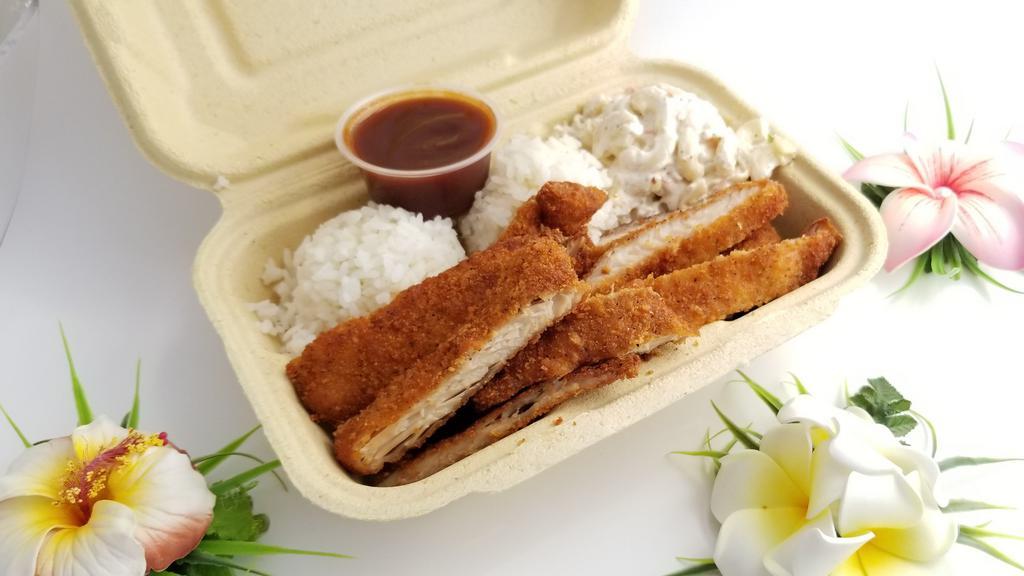 Chicken Katsu Plate Lunch With Katsu Sauce · Crispy panko chicken filet served with our tangy Katsu Sauce