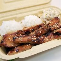 Kalbi Chicken Plate Lunch · Roxy grilled chicken topped with sesame garlic Kalbi sauce &  toasted sesame seeds