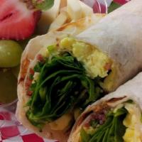 #1 Breakfast Wrap · Crumbled Bacon, Scrambled Egg, Spinach, Parmesan
