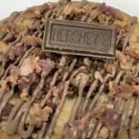 Porky Loves Chocolate · Bacon Topped Chocolate Chip Cookie Drizzled with Chocolate, Sprinkled with More Bacon and Dr...