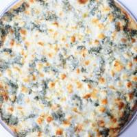 Greek White Pizza · Spinach, feta and shredded mozzarella cheese with a garlic and virgin olive oil base.