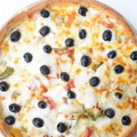 Delfino'S Deluxe Pizza · Signature sausage, pepperoni, mixed peppers, black olives and freshly shredded whole milk mo...