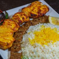 Chicken Kabob Soltani (Chef'S Signature Dish) · Skewer of ground beef and marinated chunks of boneless skinless chicken, skewered and charbr...