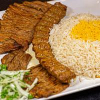 Soltani (Persians Love This) · Two skewers of ground beef and the thin slice of filet mignon marinated in special sauce coo...