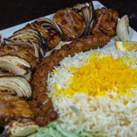 Lamb Shish Soltani (Wooohooo)  · One skewer of ground beef and chunks of marinated lamb charbroiled to perfection over an ope...
