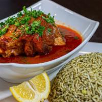 Lamb Shank With Dill Rice  (Very Authentic & Rich)  · Lamb shank cooked and topped with a rich tomato-based stew. Served with a Dill Rice