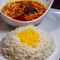 Gheymeh Stew  · Chunks of tendered beef slow cooked in a saffron tomato-based sauce, with sauteed onions, ye...
