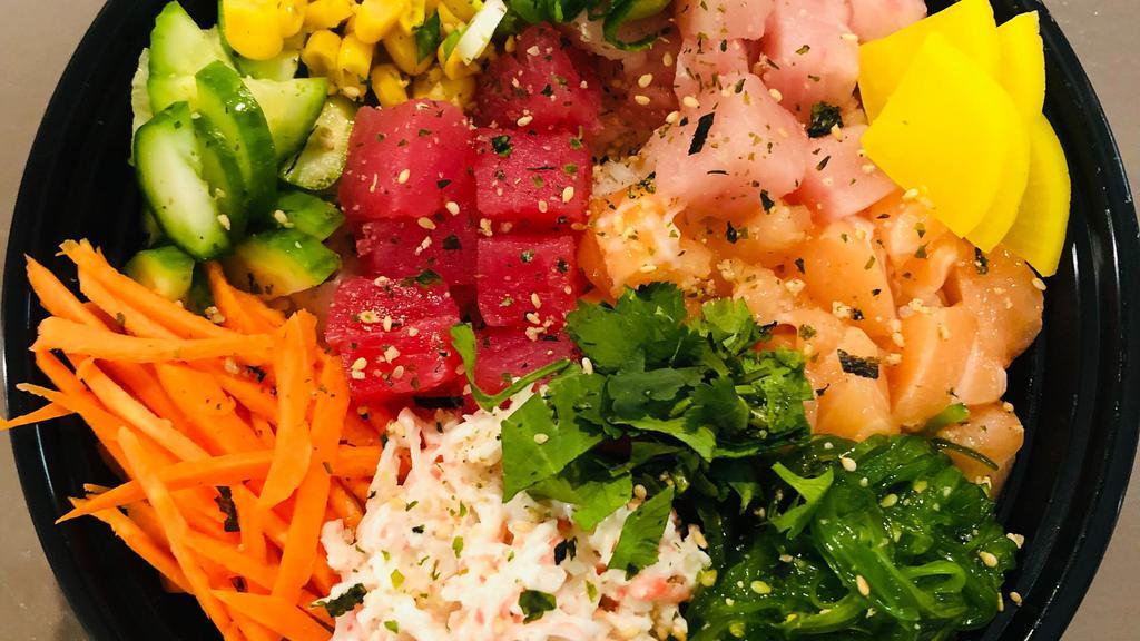 Poke Bowls (Large) · 4 Protein 3 Side. Contains raw fish and/or raw seafood. Consuming raw or undercooked meat, fish, shell fish, or eggs may increase your risk of foodborne illness, especially if you have certain medical conditions. Please let your server know if you have any food allergies or food sensitivities.