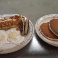 Bob'S Special Combo · Two strips of bacon, two sausage links, two eggs, hashbrowns, and two pancakes.