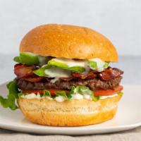 Nick Burger · Mayonnaise, lettuce, tomato, fresh avocado, bacon, and ranch dressing.