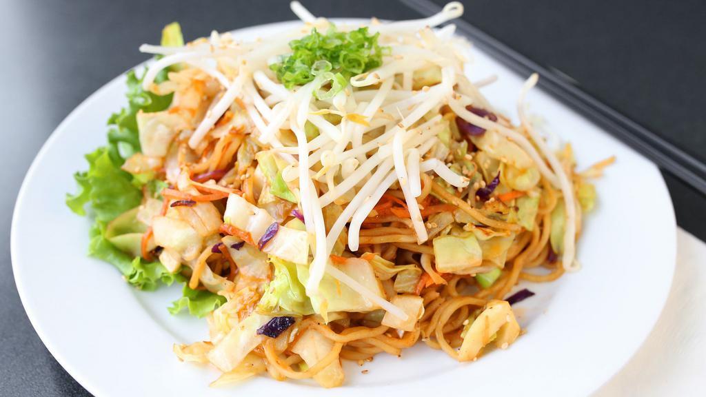 Yakisoba · Stir fried noodles, vegetables (onion carrot, cabbage broccoli red and green pepper), bean sprout and sesame seed with mio seasoning sauce and yakisoba sauce.