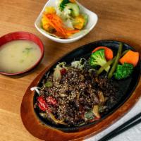 Beef Yakiniku · Korean marinated BBQ beef, steamed vegetables, onion, red, and green pepper and sesame oil. ...