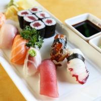 Sushi Combo · 7 pieces sushi: tuna, salmon, yellowtail, white fish, shrimp, unagi, octopus and tuna roll.