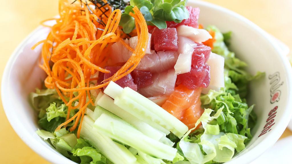 Mio Spicy Chirashi · Assorted sashimi, tobiko, krab, green Leaf lettuce, cucumber, radish sprout, dried seaweed, sesame seed, sesame oil, gochujang sauce. Served on a bed of steamed rice.
