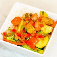 Veggie Stir Fry Bowl · Peppers, onions, broccoli, carrots and zucchini, baby corn stir fried with garlic ginger soy...