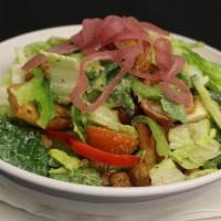 Six Arms Goddess Salad · Romaine, cucumber, tomato, bell peppers, marinated onions, pita chips and Goddess dressing.