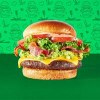 B-L-A-T-Licious Burger · Meatless burger patty, meatless bacon, cheddar cheese, avocado, lettuce, tomato, and Srirach...