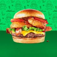 Super-Veg-E-Licious Burger · Meatless burger patty, meatless bacon, cheddar cheese, onion rings, lettuce, tomato, and BBQ...
