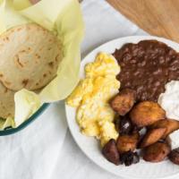 Desayunos Salvadore · Salvadorian breakfast. 5 sides with cream, cheese, platais, beans and scrambled eggs.