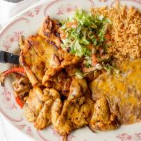 #22. Pollo Asado · Broiled chicken thigh, mushrooms and onions served with our house rice and beans. Your choic...
