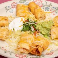 Chicken Taquitos · Two rolled flour tortillas stuffed with chicken flash fried and topped off with pico de gall...
