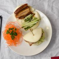 Pork Belly Buns (3 Pcs) · Steamed bun stuffed with braised pork belly, scallions and cucumbers with hoisin sauce.