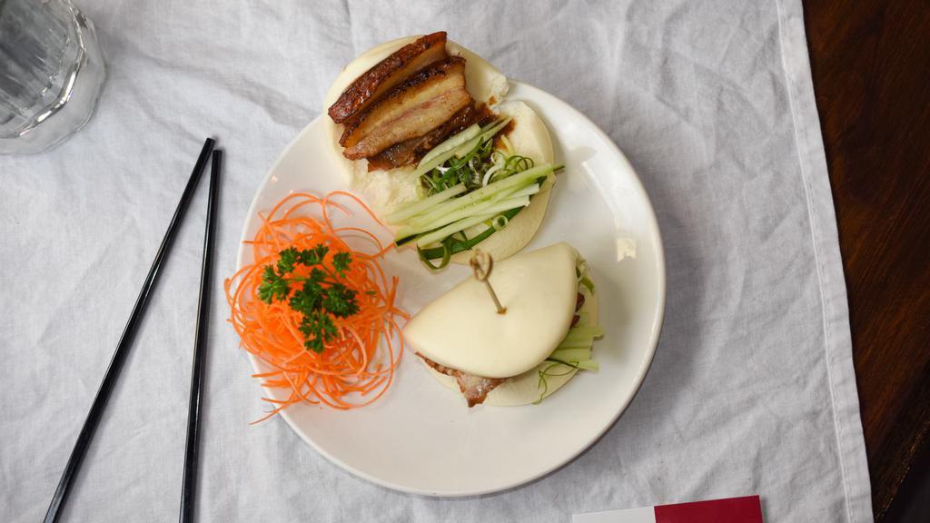 Pork Belly Buns (3 Pcs) · Steamed bun stuffed with braised pork belly, scallions and cucumbers with hoisin sauce.