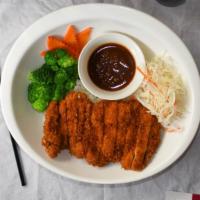 Fried Chicken Katsu Rice Bowl · Breaded fried chicken cutlet served with shredded cabbage, broccoli and carrots on steamed w...