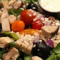 Mediterranean Salad · Fresh crisp mixed greens with cherry tomatoes, cucumber, grilled chicken, diced red onions, ...