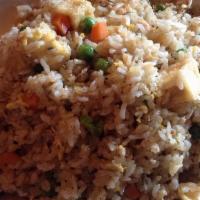 Tofu Fried Rice · Vegetarian. Fried rice with tofu, egg, pea and carrot.