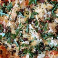 Lombardy (Large) · Grilled chicken, bacon crumbles, fresh basil, and shaved parmesan on red.
