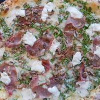 Prosciutto E Arugula (Medium) · Prosciutto, arugula, fresh mushrooms, and fresh mozzarella on roasted garlic oil.