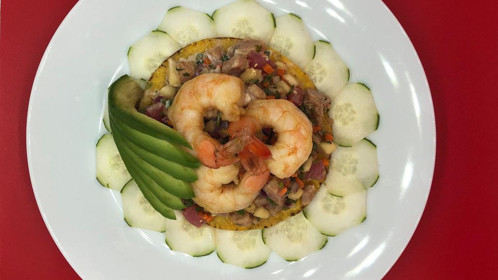 House Shrimp Ceviche · Fully cooked shrimp, marinated in lime juice , tomato, onion, cilantro and spices.
Comes with two tostadas, chipotle mayo and hot sauce.