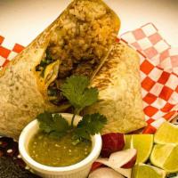 Burritos · Flour tortilla filled with your choice of stewed protein, beans, rice, cilantro, and onion.