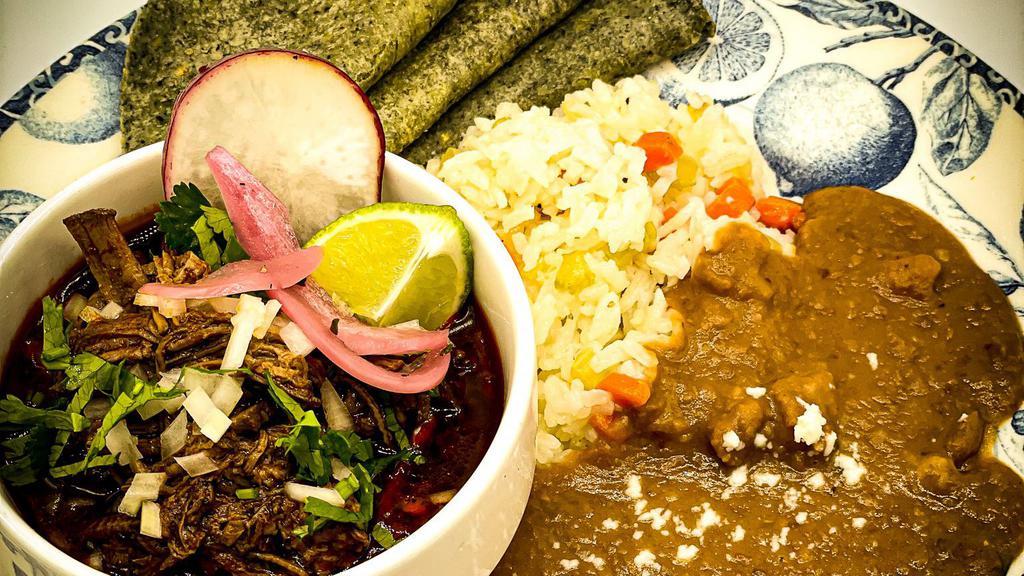 Birria Plate · Slow cooked tri-tip in stew with three different chiles