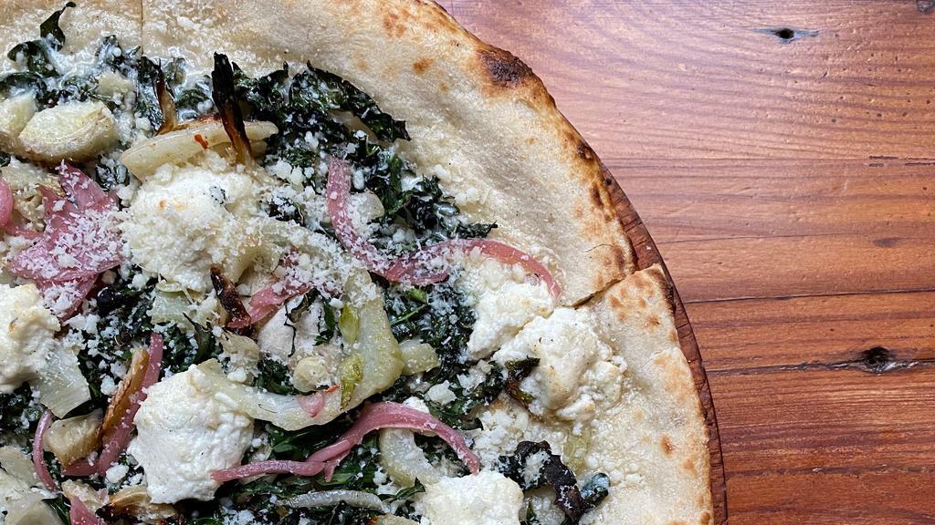 Goat Cheese Pizza · Vegetarian. Garlic, lacinato kale, pickled red onion, spicy fennel and pecorino.