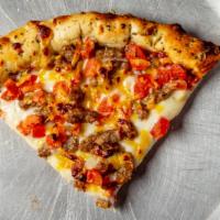 Cheeseburger Pizza · Ground beef, american cheese, bacon, onions, & tomato.
