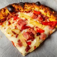 Hawaiian Chicken Or Ham Pizza · Chicken breast or sliced ham, bacon, pineapple, roasted peppers, garlic, provolone & mozzare...