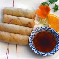 Thai Spring Rolls (4) · Glass noodles, carrots, cabbage, taro and celery in a rice paper roll, deep-fried until cris...