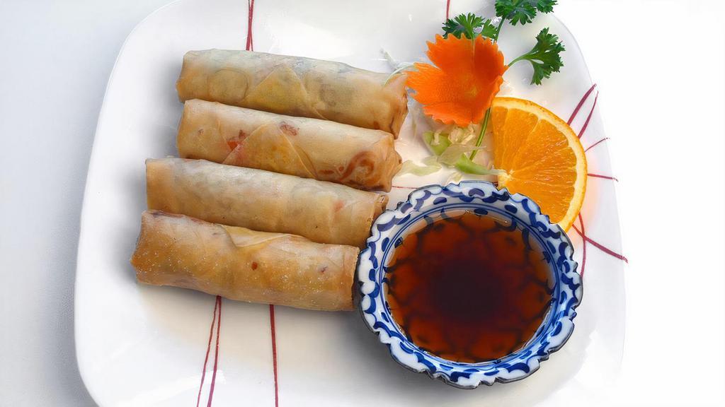 Thai Spring Rolls (4) · Glass noodles, carrots, cabbage, taro and celery in a rice paper roll, deep-fried until crispy and served with homemade orange sour sauce.