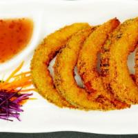 Asian Pumpkin Tempura (5) · Fresh organic Asian pumpkin dipped in homemade tempura batter and bread crumbs, then deep-fr...