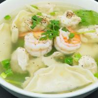 Wonton Soup · Wonton dumplings stuffed with pork and shrimp, green onions, bean sprouts and cilantro in cl...