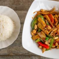 Thai Kung Pao · Mildly spicy. Bamboo shoots, bell pepper, onion, carrot, peanut and chili.