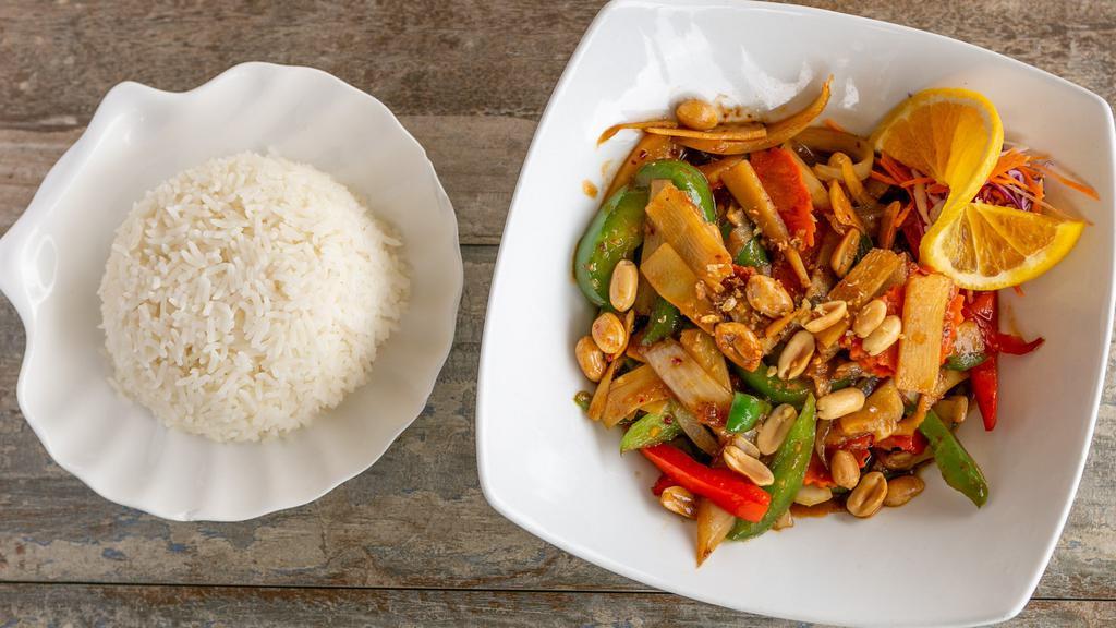 Thai Kung Pao · Mildly spicy. Bamboo shoots, bell pepper, onion, carrot, peanut and chili.