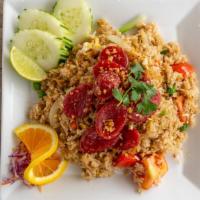 Asian Sausage Fried Rice · Fried rice with egg, Chinese sausage, diced vegetables, tomato and onions topped with dried ...