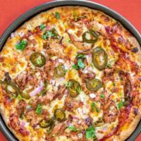 Pork Carnitas · Muertos pizza sauce, Mexican cheese blend, slow cooked pork, and red onions. Comes with sals...